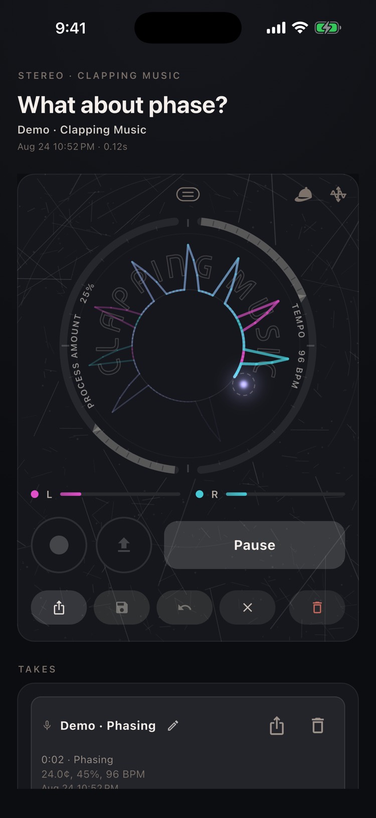 Clapping Music process: the two-hand pattern split across left and right rings